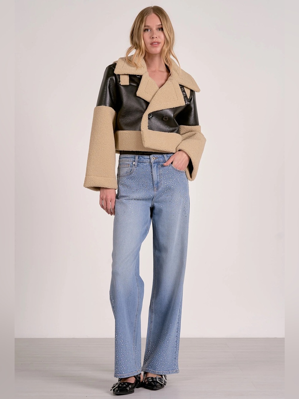 Elan vegan Leather & Sherpa Cropped moto biker aviator Jacket Black Beige Sz M